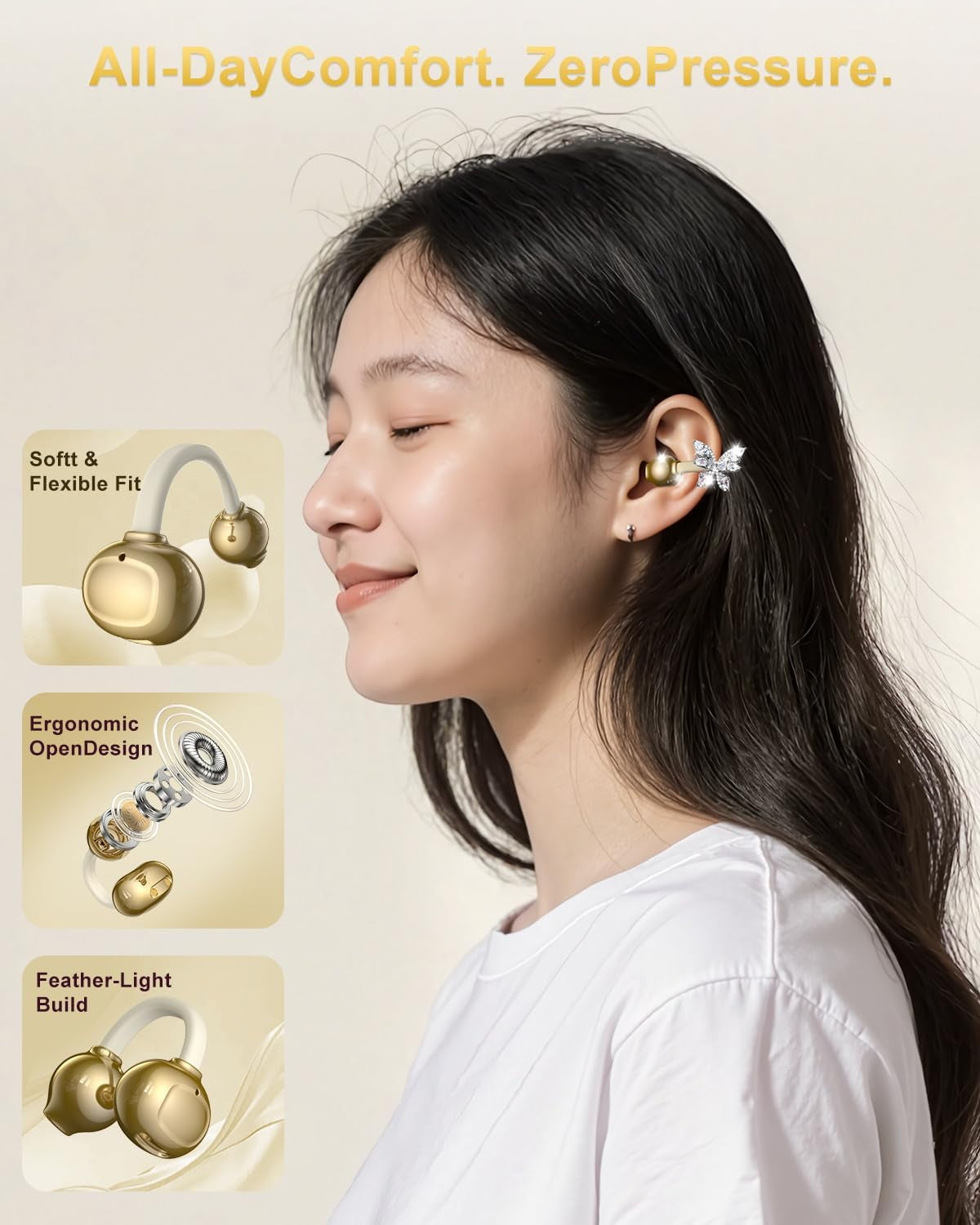 Clip-On Open Ear Earbuds with Detachable Jewelry Charm