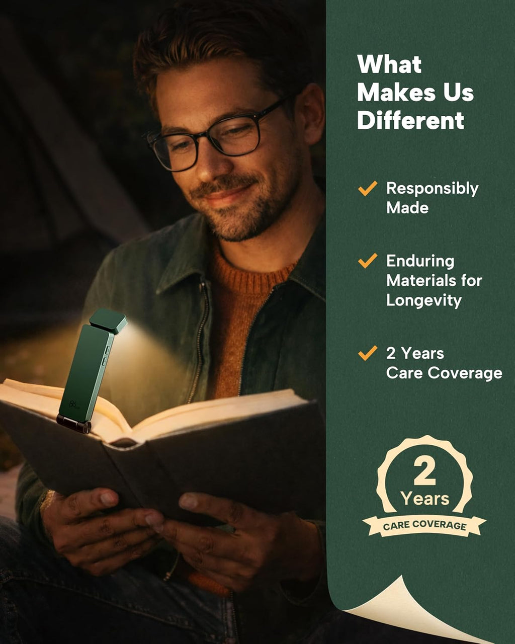 Book Light, Rechargeable Clip-On LED Reading Light for Bed | 3 Color Temperatures with Stepless Dimming, Ultralight Bookmark Design for Book Lovers, Green