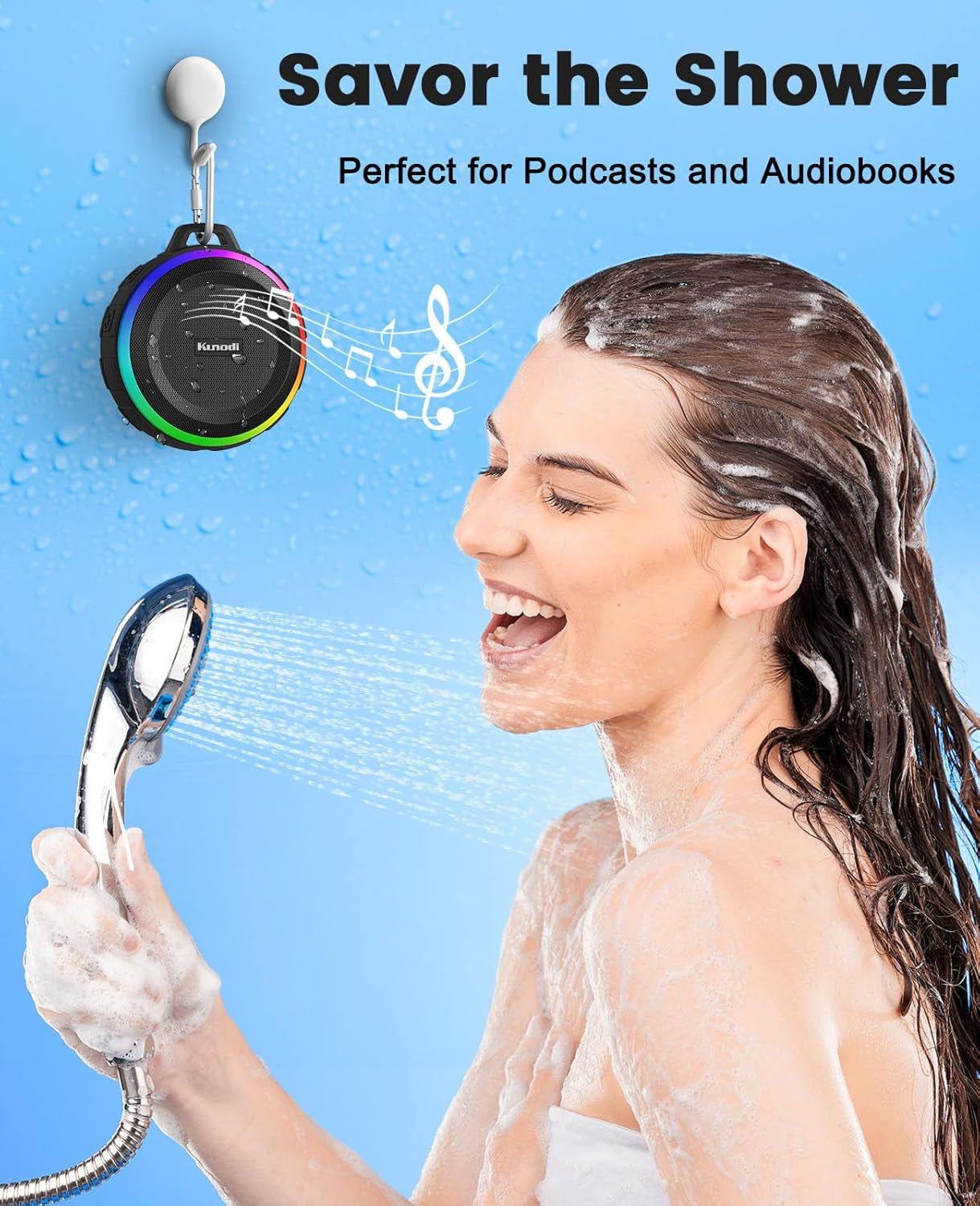 Kunodi IPX7 Waterproof Bluetooth Shower Speaker - Portable Clip-On Speaker
