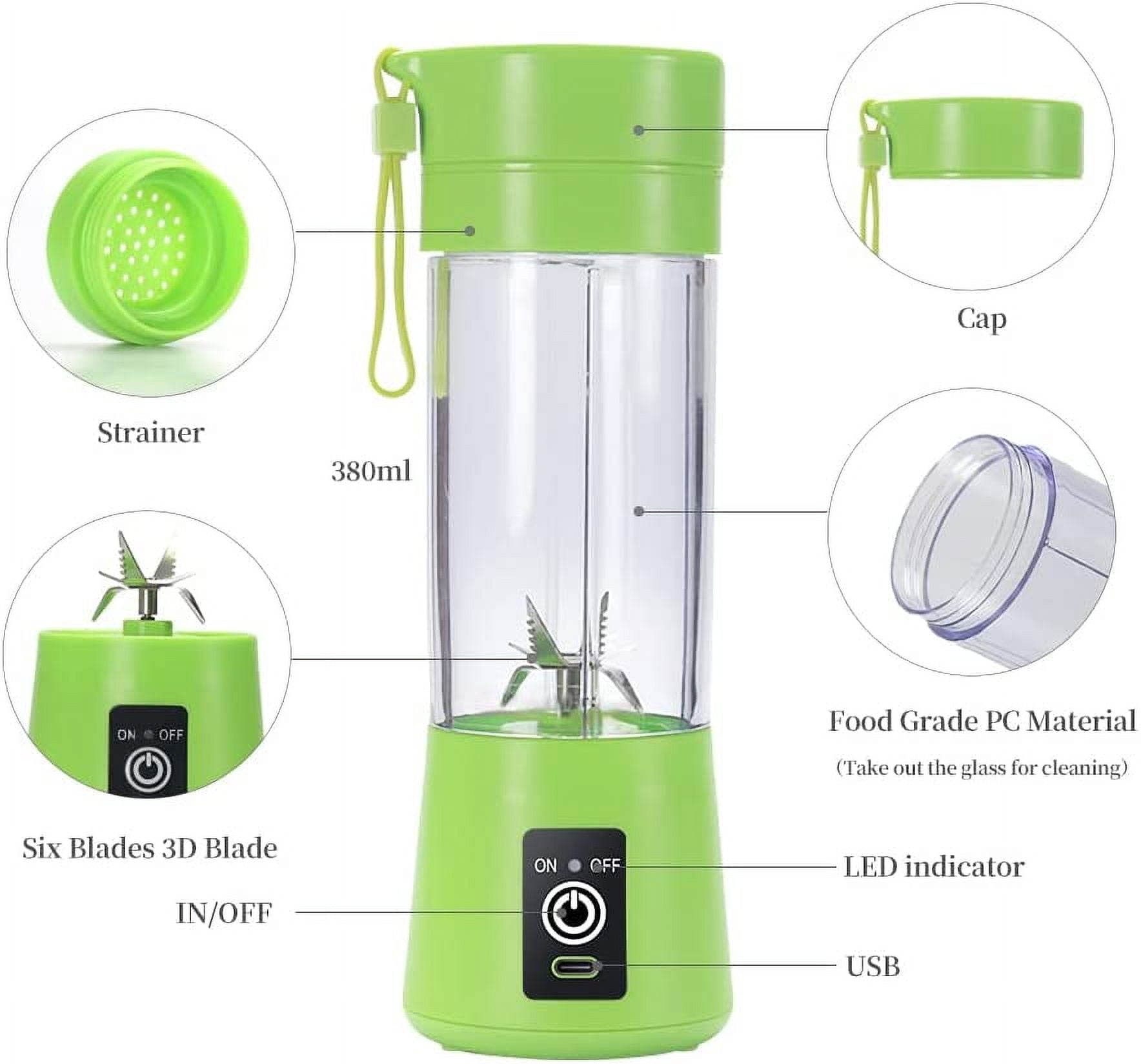 Portable USB Rechargeable Blender, 380ml Personal Juicer Cup with 6 Blades