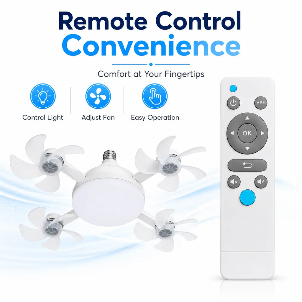 Foldable Ceiling Fan Light with Remote — E26 Socket, LED, Quiet Airflow