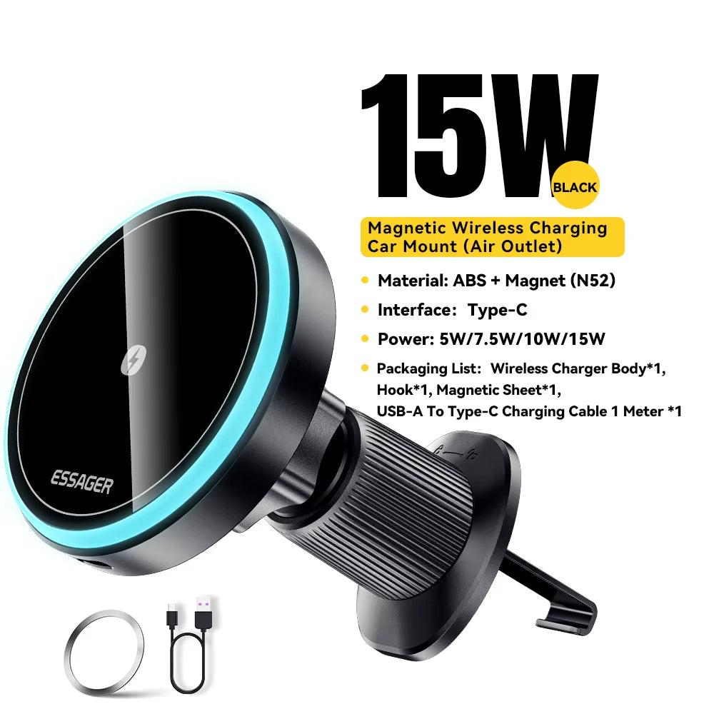 Magnetic Wireless Car Charger Mount, 15W Fast Charging with RGB Light