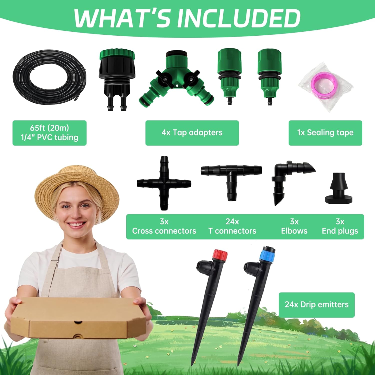 65ft Drip Irrigation Kit for Garden, Raised Beds & Patio Plants