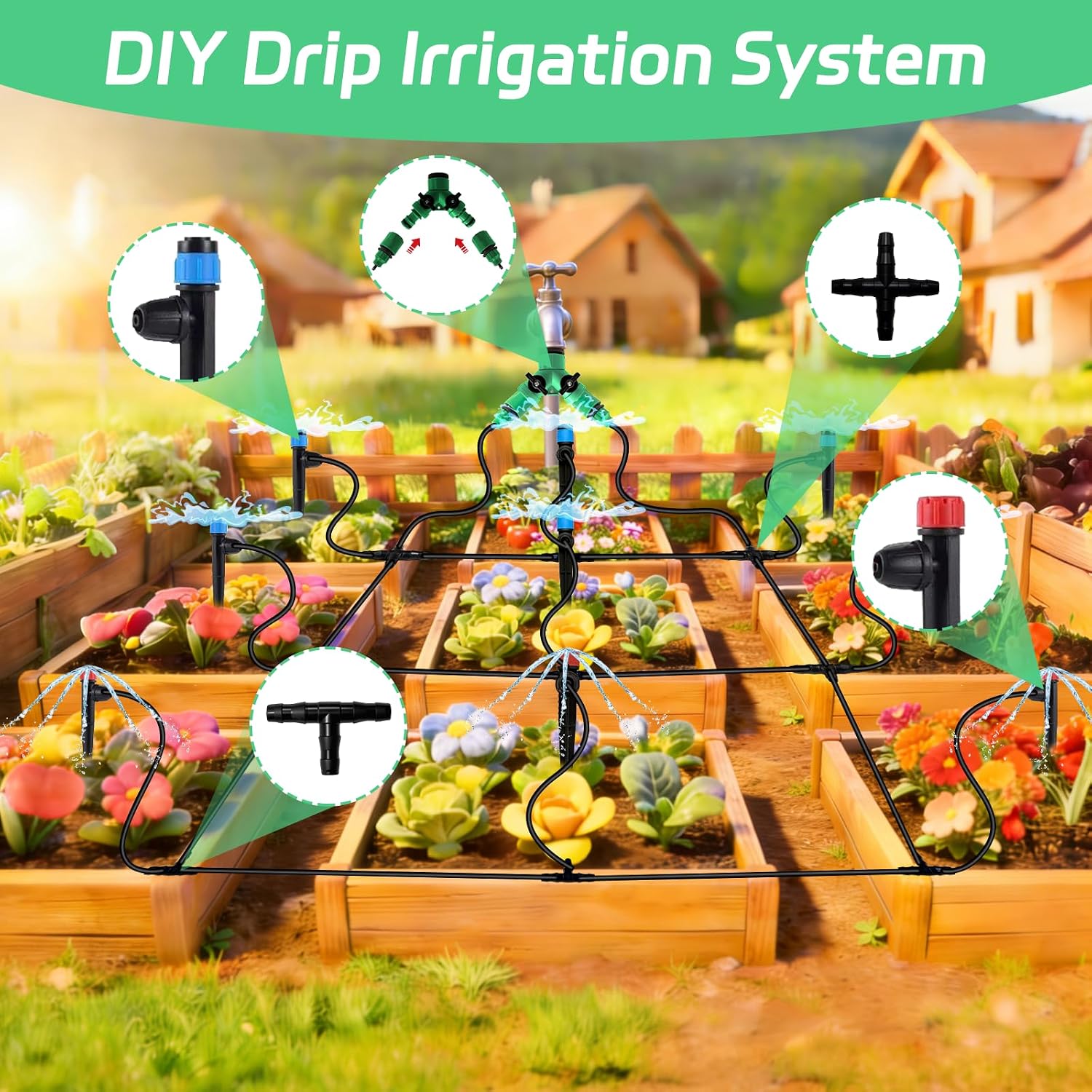 65ft Drip Irrigation Kit for Garden, Raised Beds & Patio Plants
