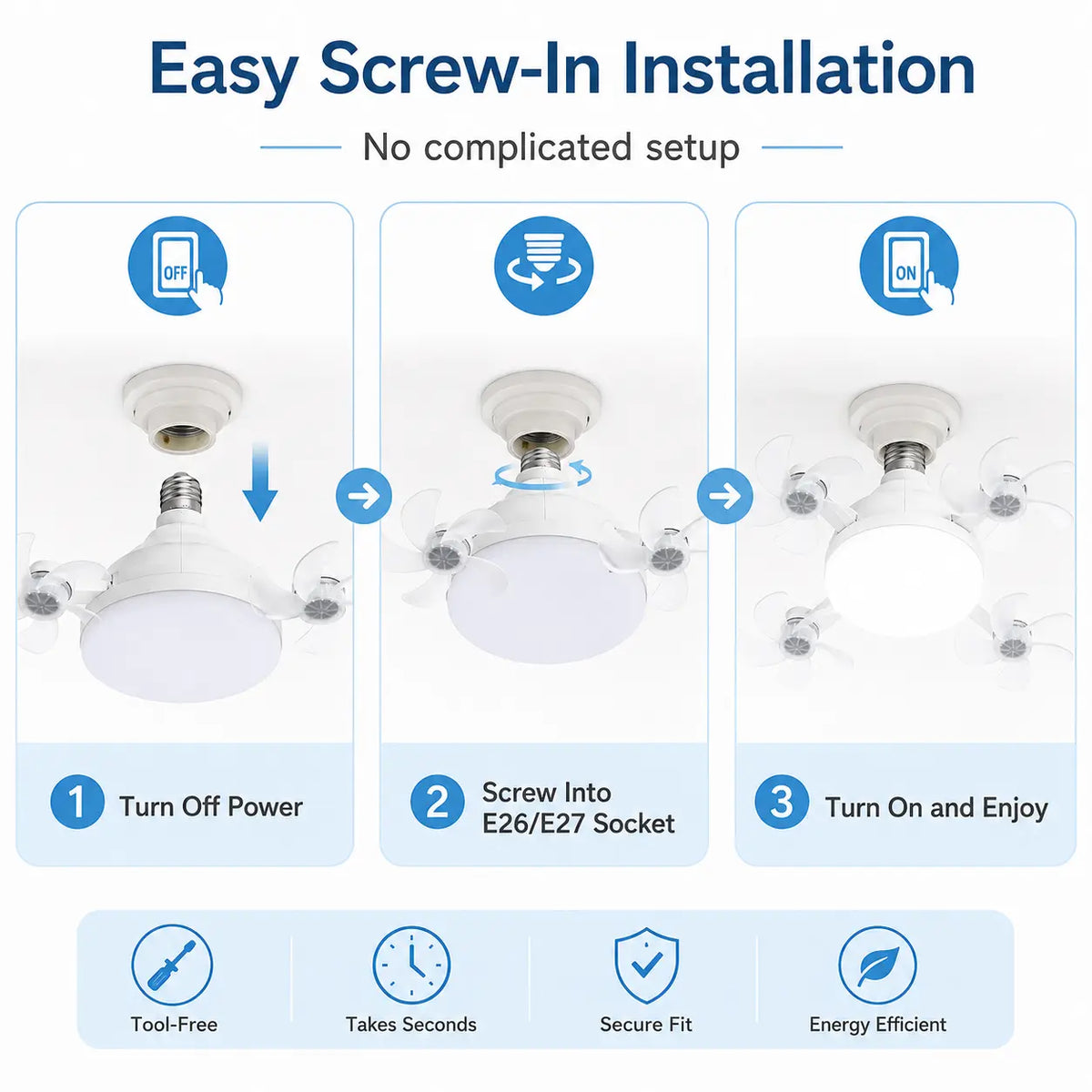 Foldable Ceiling Fan Light with Remote — E26 Socket, LED, Quiet Airflow
