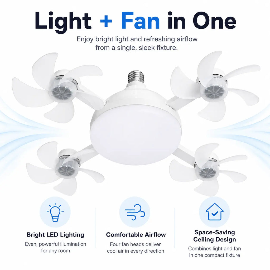 Foldable Ceiling Fan Light with Remote — E26 Socket, LED, Quiet Airflow