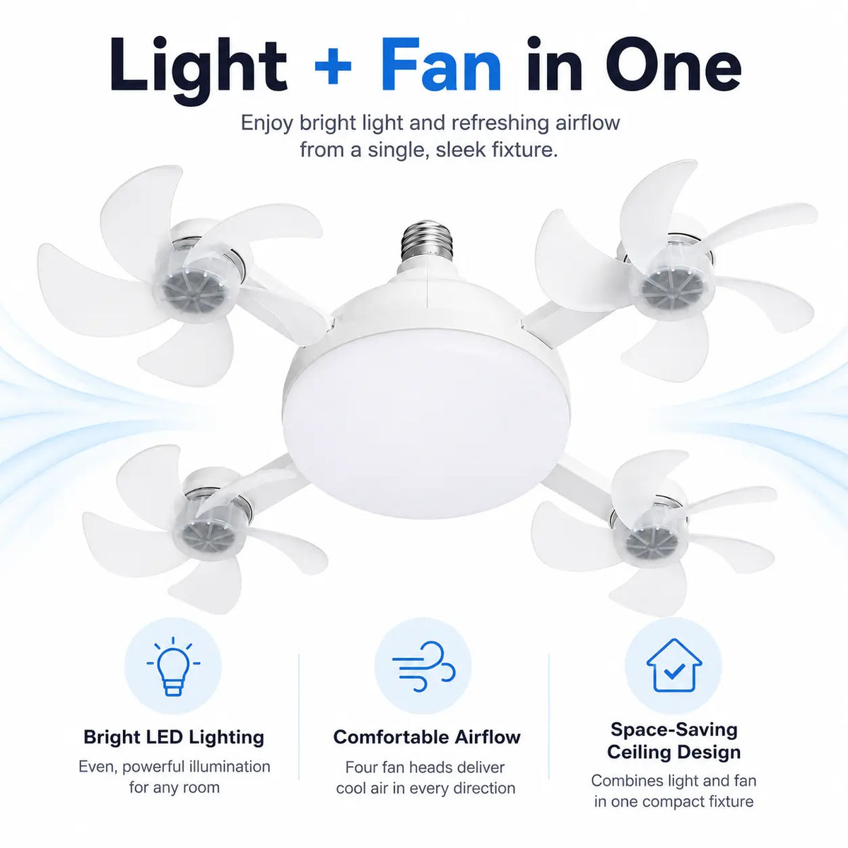 Foldable Ceiling Fan Light with Remote — E26 Socket, LED, Quiet Airflow