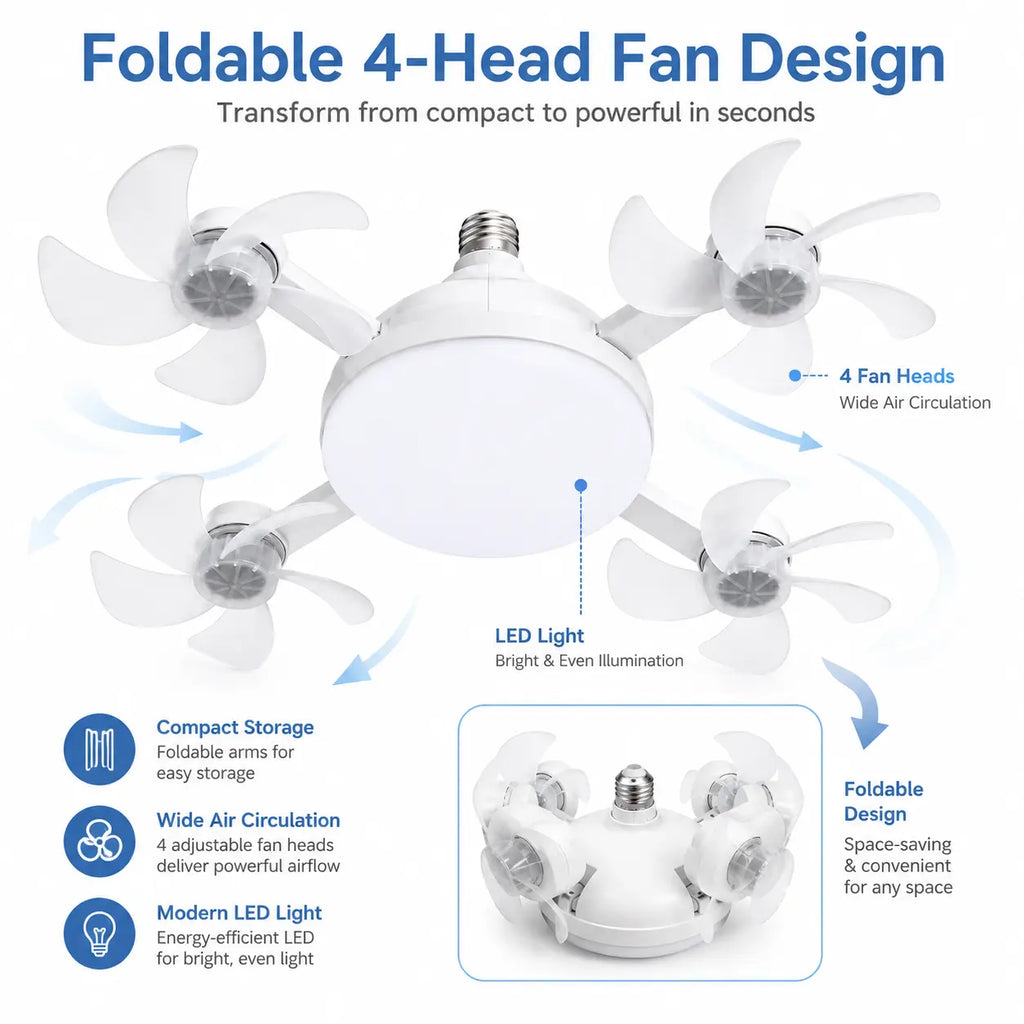 Foldable Ceiling Fan Light with Remote — E26 Socket, LED, Quiet Airflow