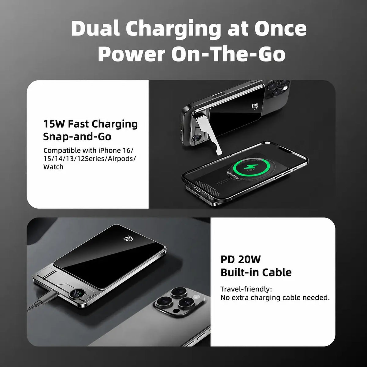 Magnetic Wireless Power Bank 5000mAh with Kickstand & LED Display