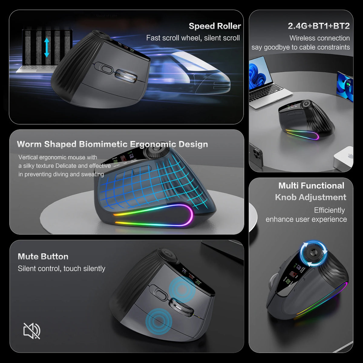 Ergonomic Vertical Mouse with RGB Backlight & Adjustable Speed
