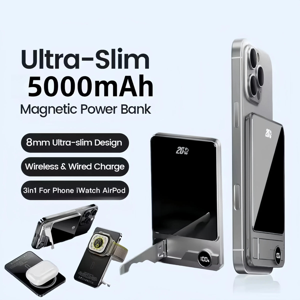 Magnetic Wireless Power Bank 5000mAh with Kickstand & LED Display