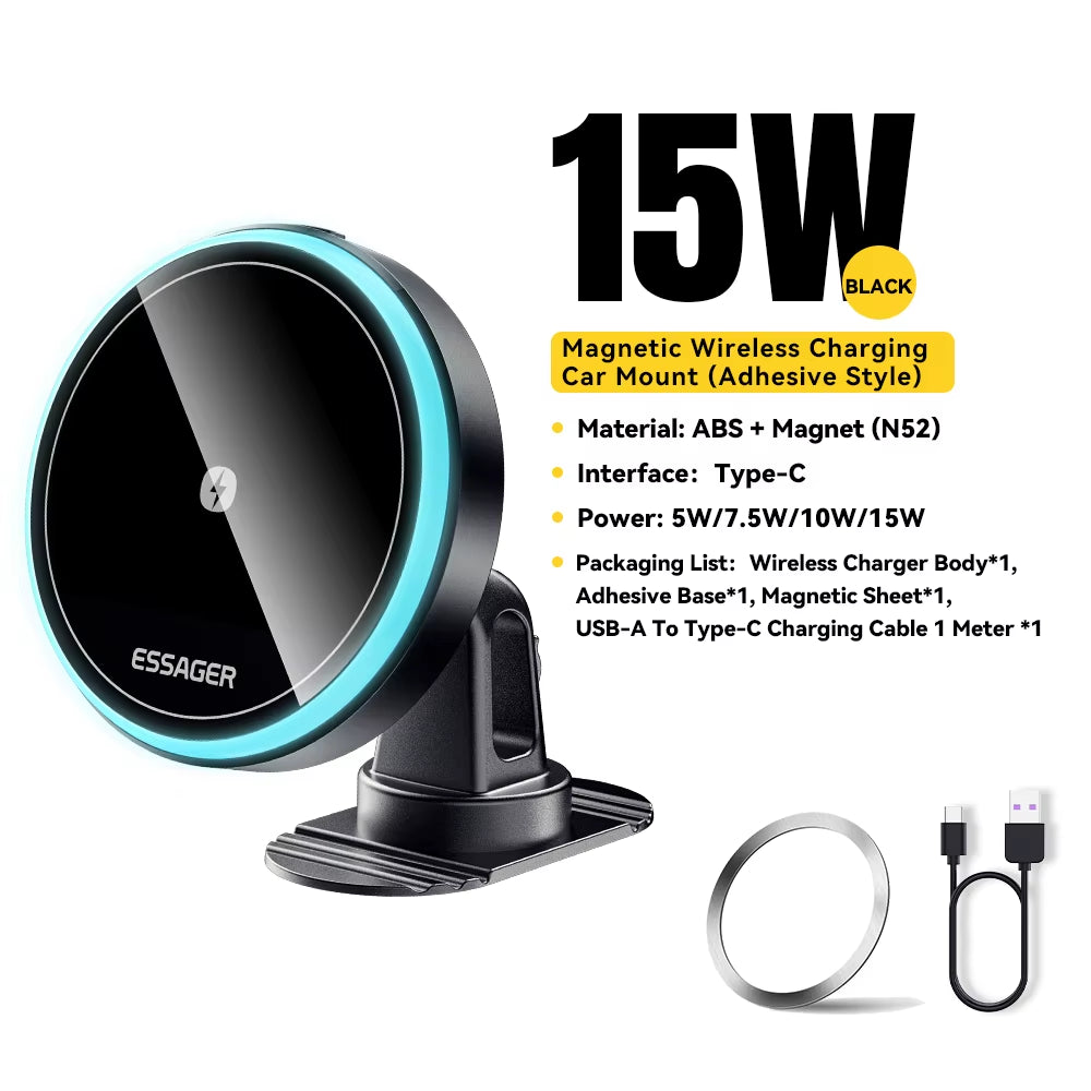Magnetic Wireless Car Charger Mount, 15W Fast Charging with RGB Light